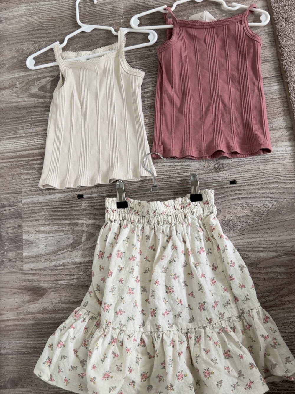 H&M Cream and Rose Pink Ribbed Tank Tops with Floral Cream Skirt
